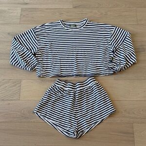 Striped Long Sleeve Crop Top and Shorts Set